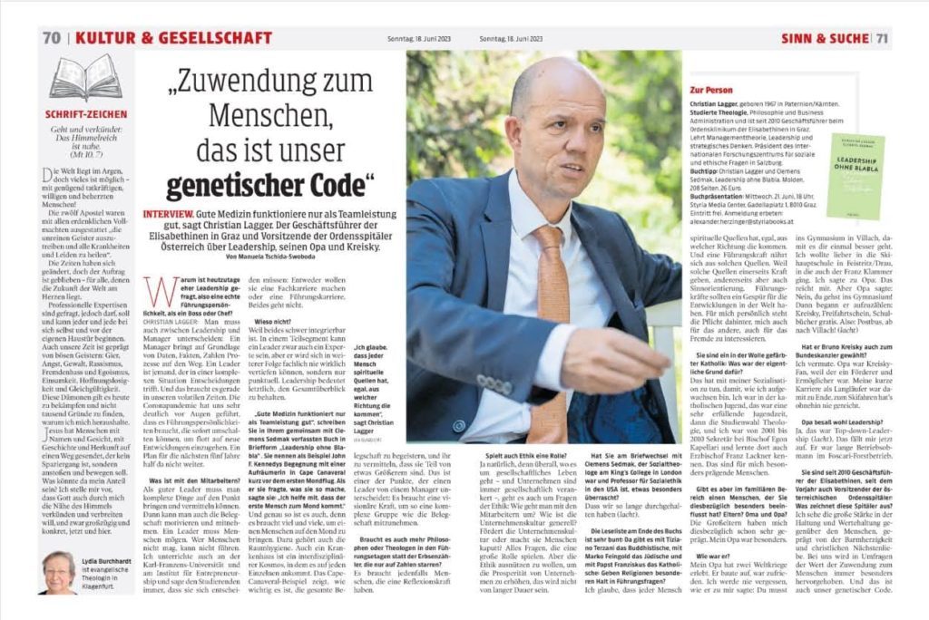 2023.06.18_Kleine Zeitung Steiermark_Zuwendung zum Menschen, das ist unser genetischer Code_Christian Lagger_Seite 70